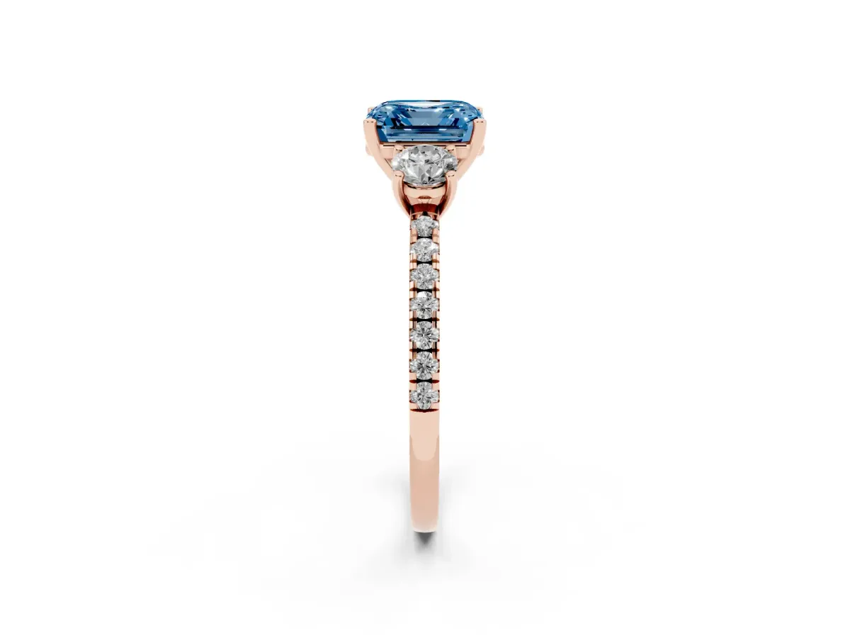 Fancy Blue Three-Stone Asscher Cut Cut Diamond Pavé Band with Prong Setting Rose gold