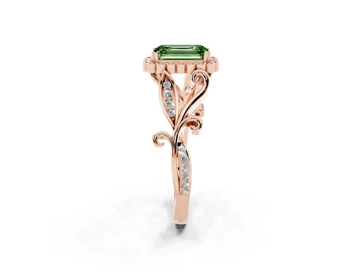 Fancy Green Emerald Cut Diamond Halo Ring with Vintage Split Shank and Four-Prong Setting Rose gold