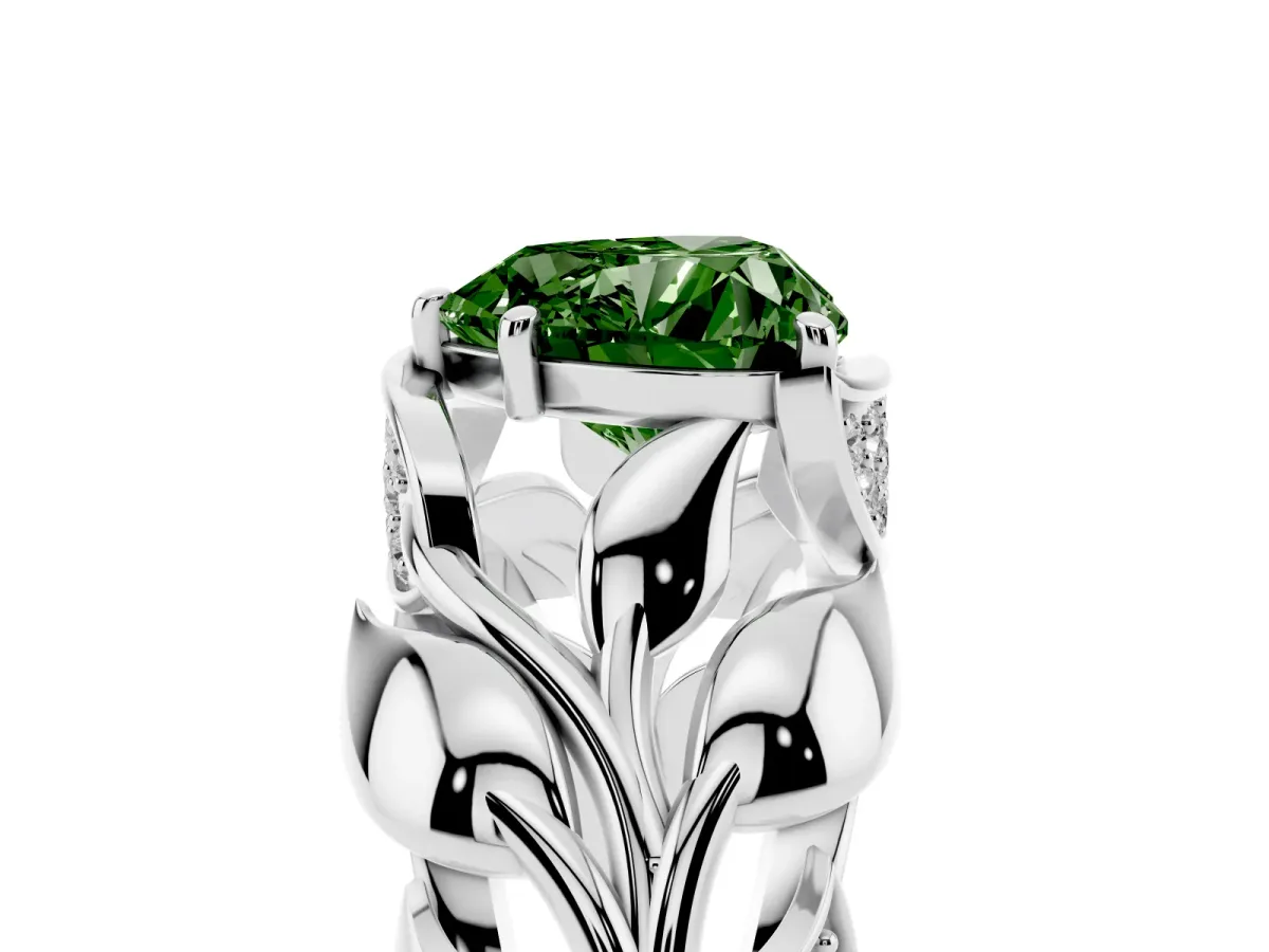 Fancy Green Heart Cut Diamond Leaf-Inspired Engagement Ring with Round Accents and Prong Setting White gold