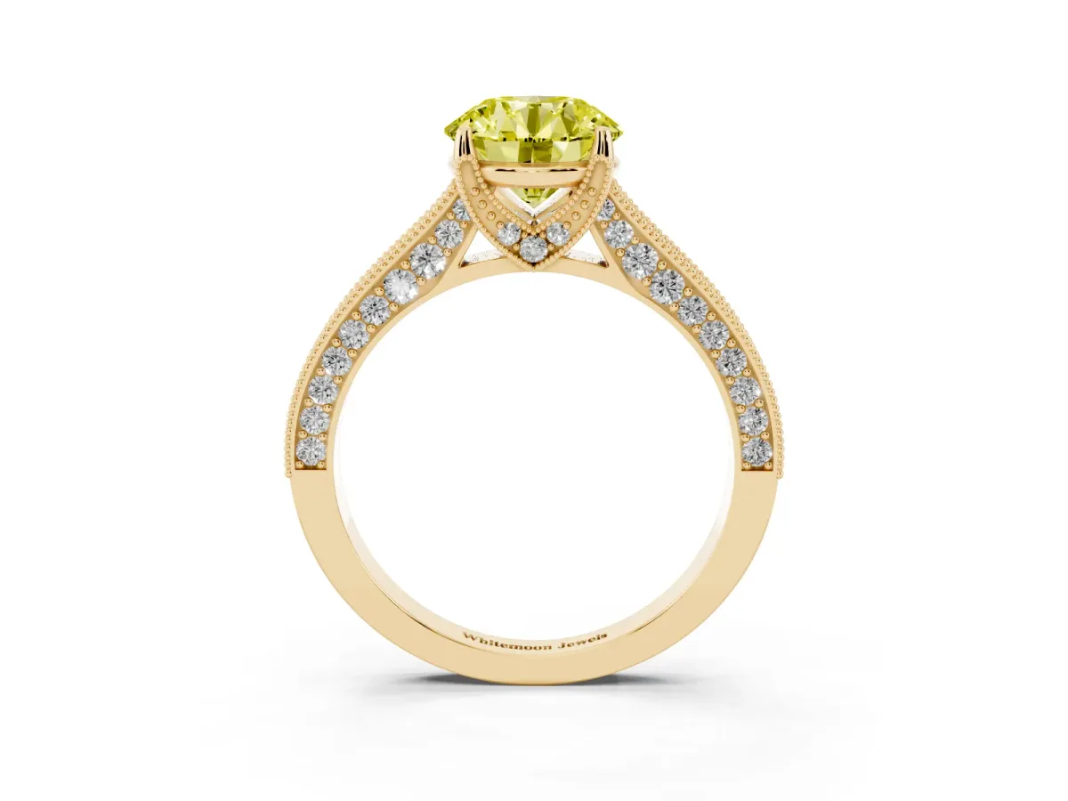 Fancy Yellow Round Cut Cut Diamond Solitaire Ring with Milgrain Pave Band and Four Prong Setting Yellow gold