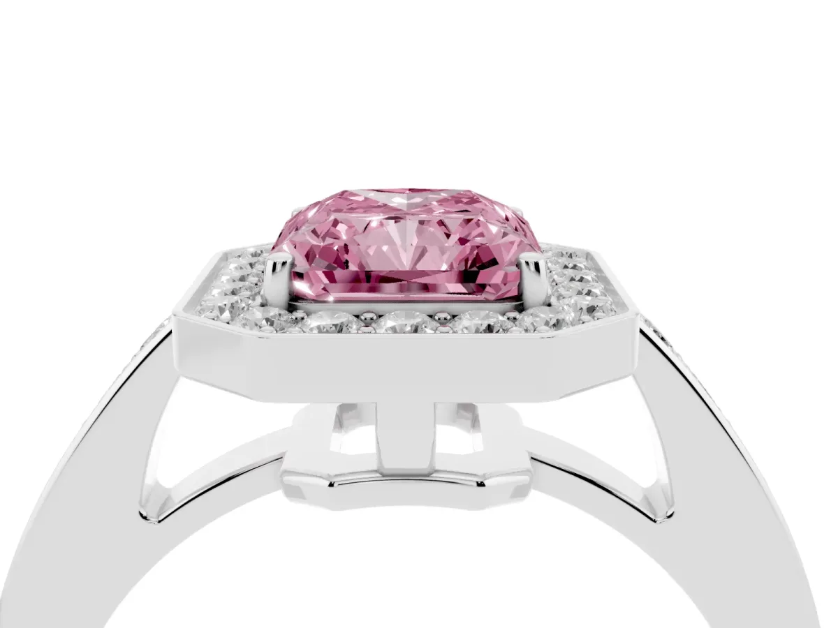 Fancy Pink Radiant Cut Halo Pavé Diamond Engagement Ring with Bezel Setting Silver