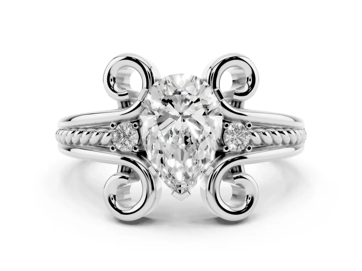 Pear Cut Solitaire Twisted Band Scroll Prong Ring Silver