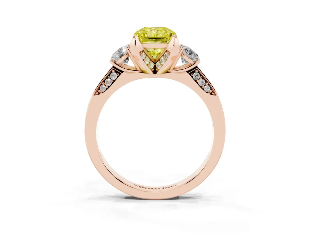 Fancy Yellow Radiant Cut Brilliant Three-Stone Diamond Ring with Pavé Band and Four-Prong Setting Rose gold