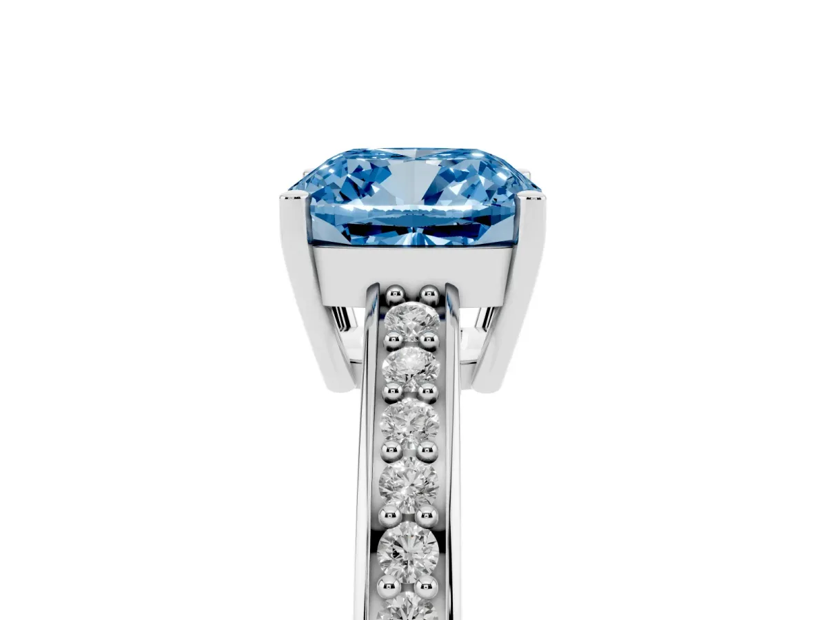 Fancy Blue Cushion Cut Solitaire Pavé Band Prong Setting Ring Silver