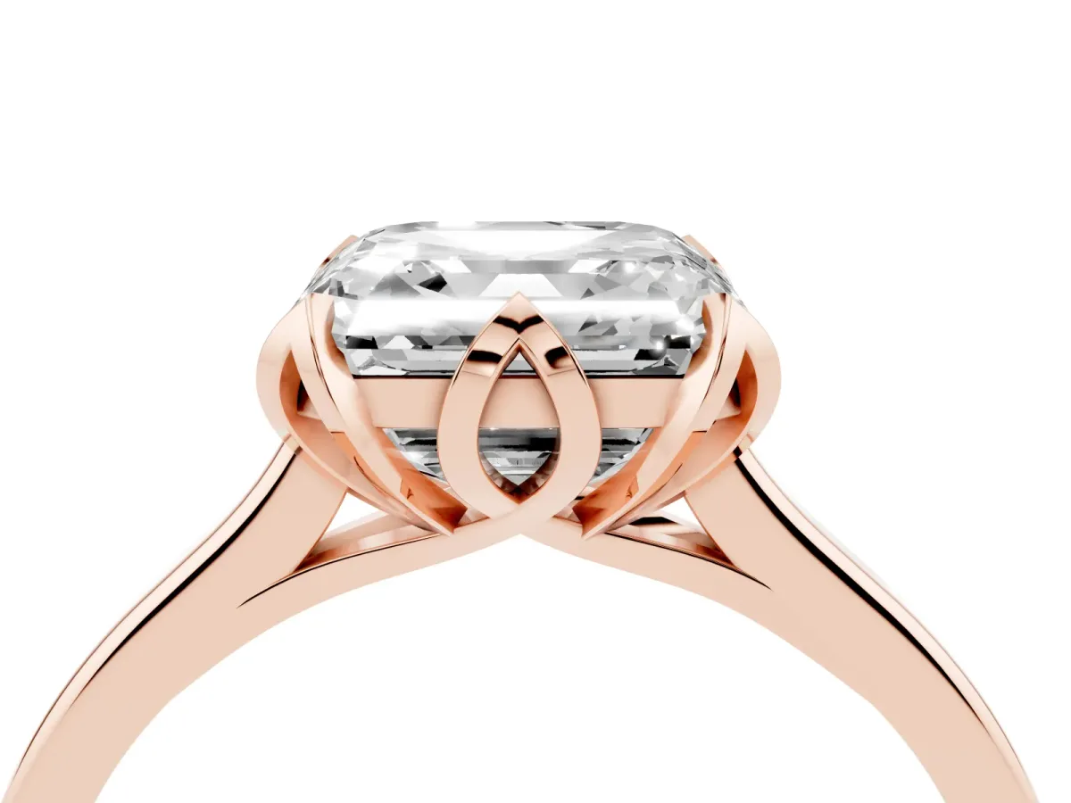 Asscher Cut Diamond Solitaire Ring with Flower Prong Setting and Classic Band Rose gold