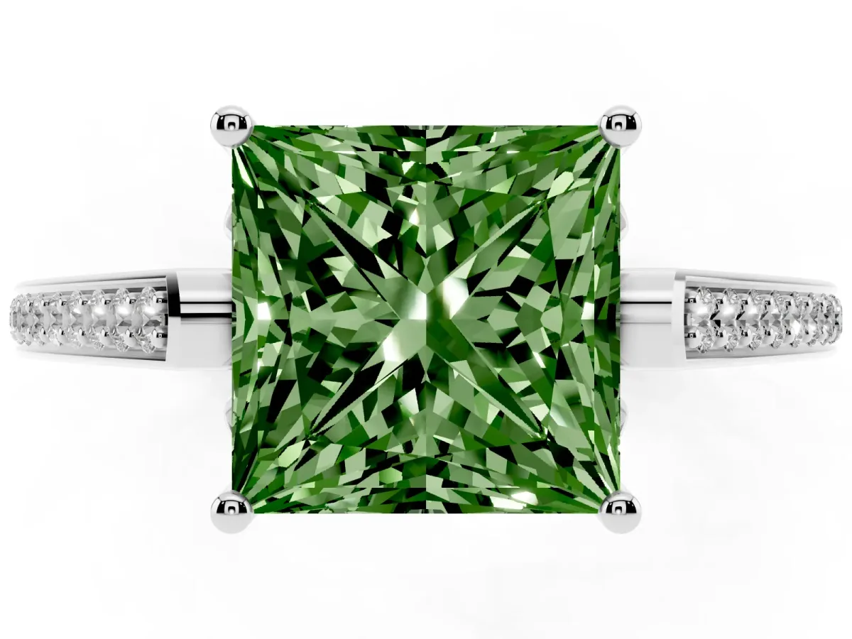 Fancy Green Princess Cut Cut Cathedral Pave Diamond Engagement Ring with Six-Prong Setting Silver