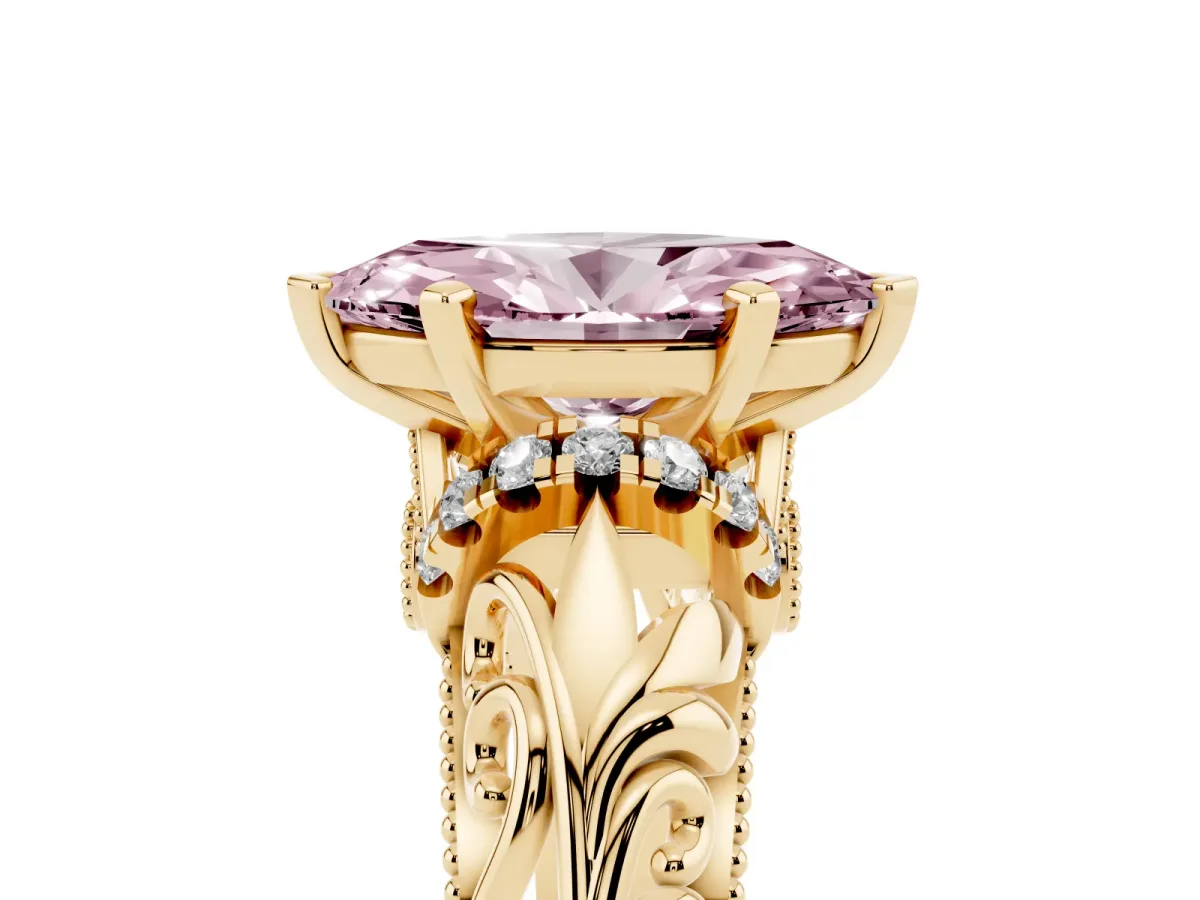 Fancy Pink Marquise Cut Solitaire Filigree Engagement Ring with Halo and Prong Setting Yellow gold
