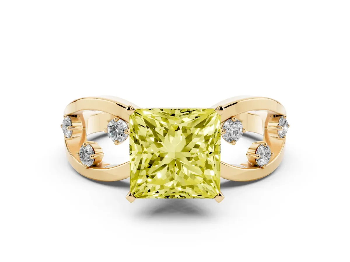 Fancy Yellow Princess Cut Cut Solitaire Diamond with Side Stones on Criss-Cross Band and Four-Prong Setting Yellow gold