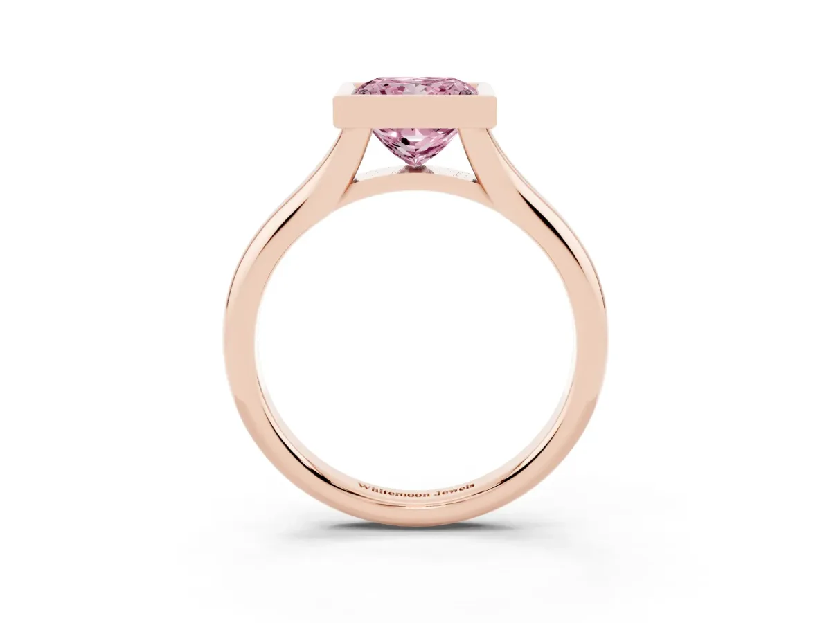 Fancy Pink Bezel Set Princess Cut Solitaire Diamond Ring with Smooth Band Rose gold