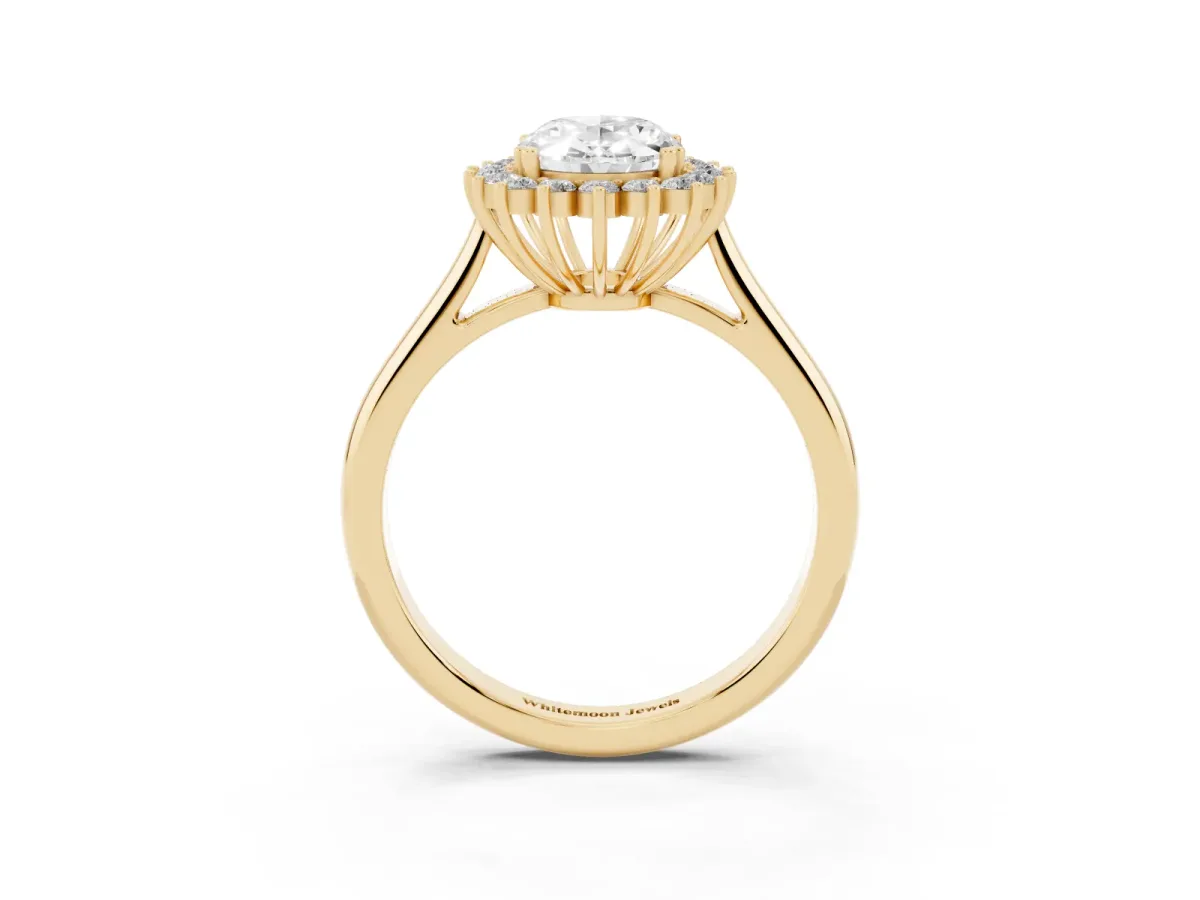 Oval Cut Cut Diamond Halo Ring with Solitaire Band and Prong Setting Yellow gold