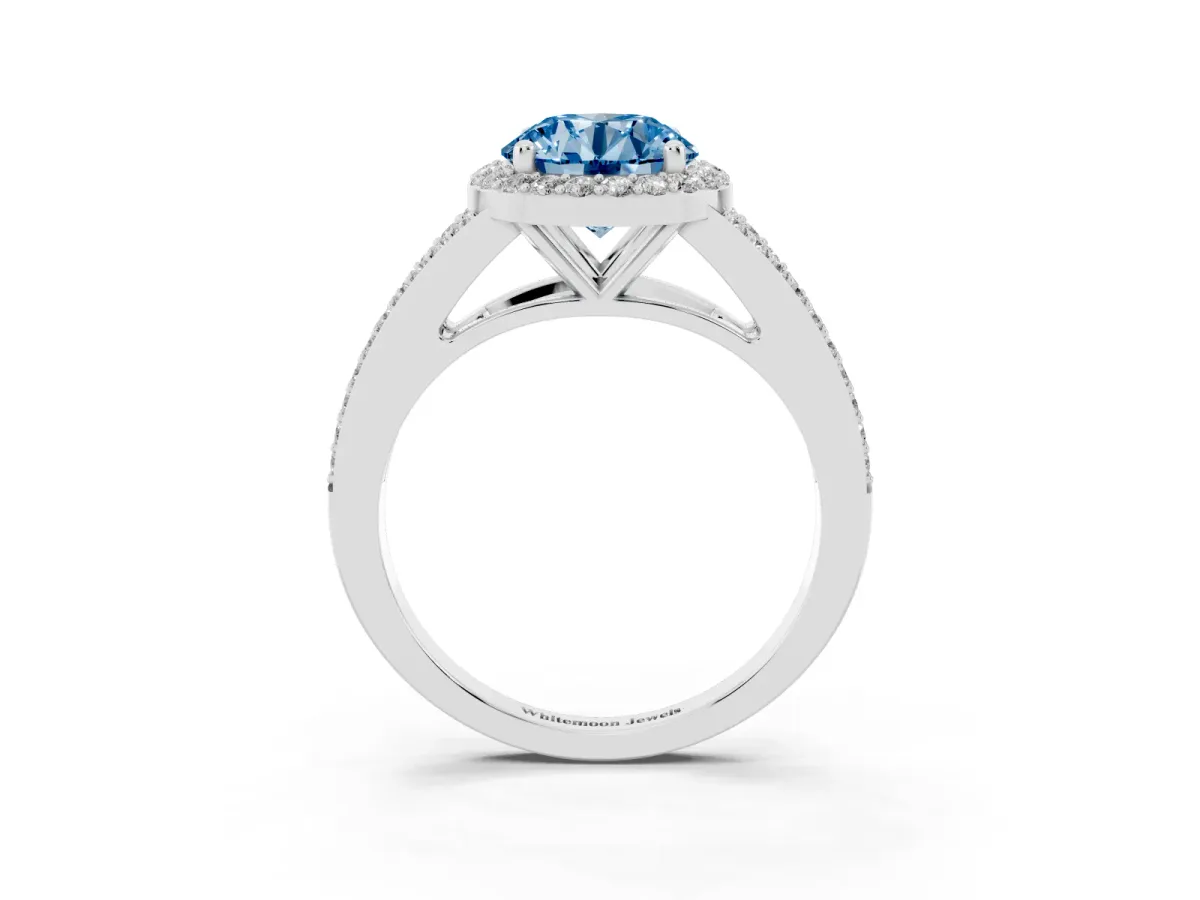 Fancy Blue Round Cut Halo Split Shank Diamond Ring with Prong Setting Platinum