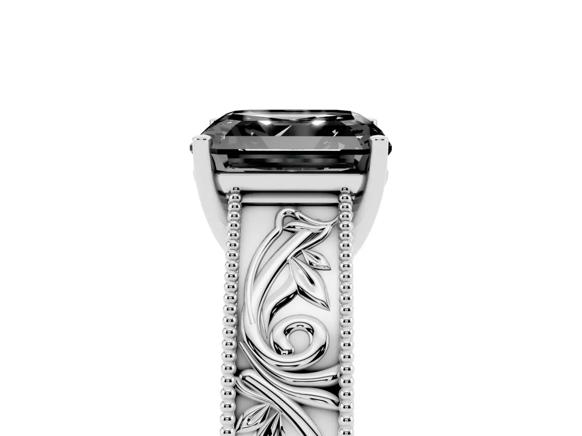 Fancy Black Asscher Cut Diamond Solitaire Ring with Engraved Band and Four-Prong Setting Platinum