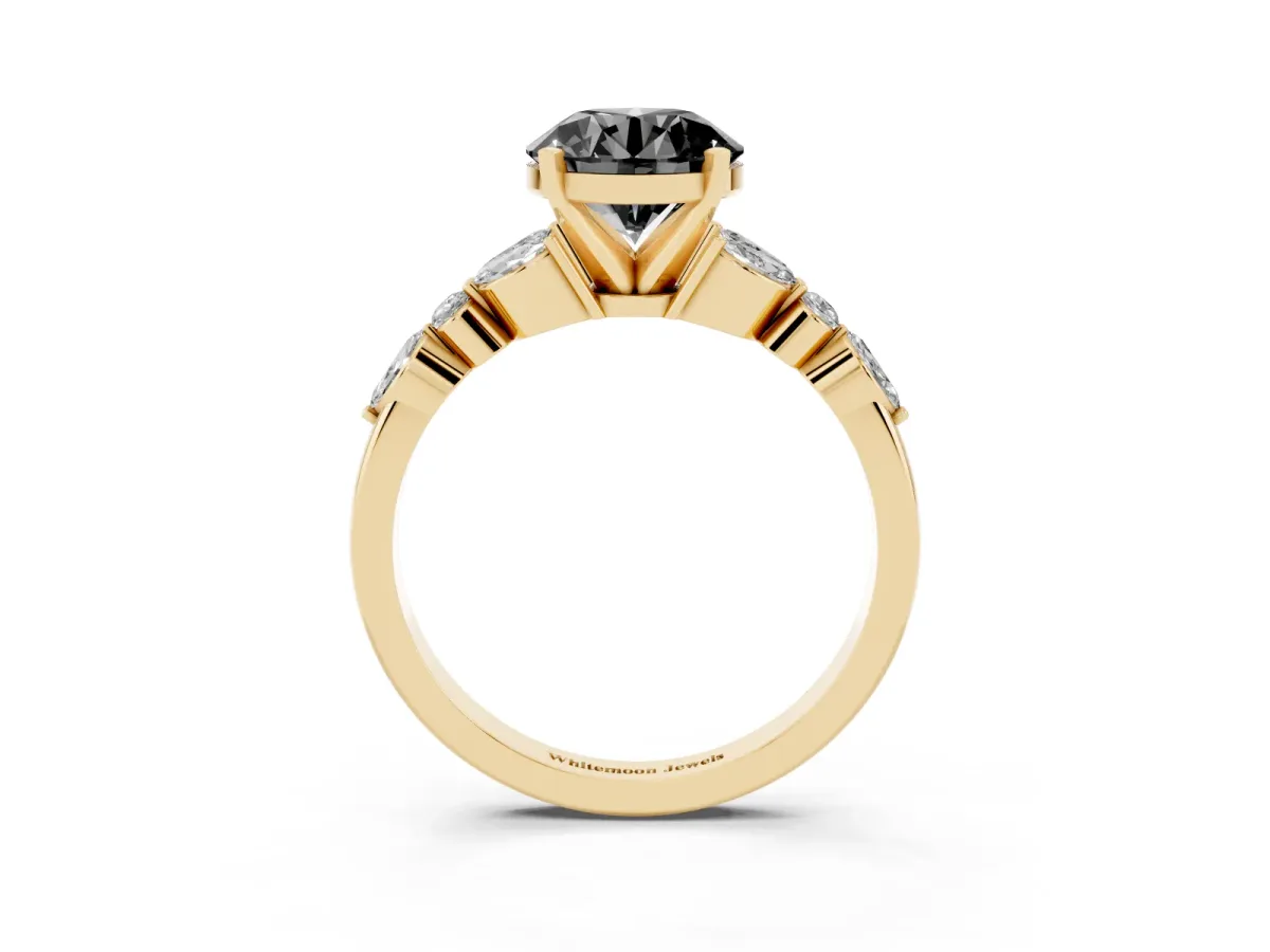 Fancy Black Round Cut Diamond Solitaire Ring with Side Stones and Four-Prong Setting Yellow gold