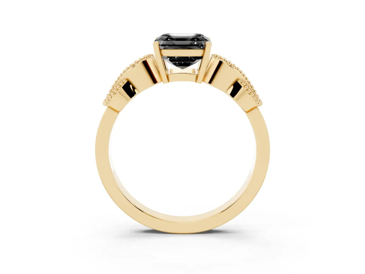 Fancy Black Asscher Cut Solitaire Milgrain Leaf Band with Prong Setting Yellow gold