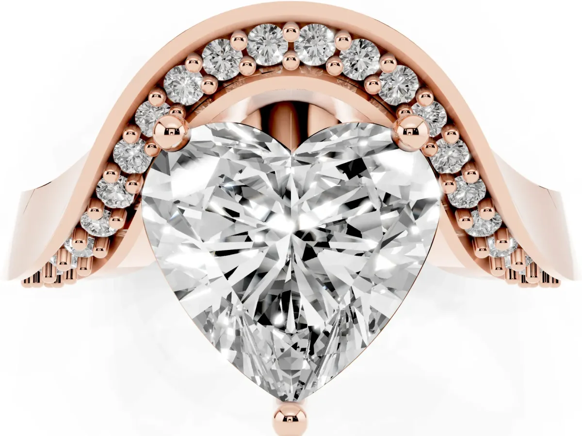 Heart Cut Solitaire Diamond Engagement Ring with Pave Band and Four-Prong Setting Rose gold