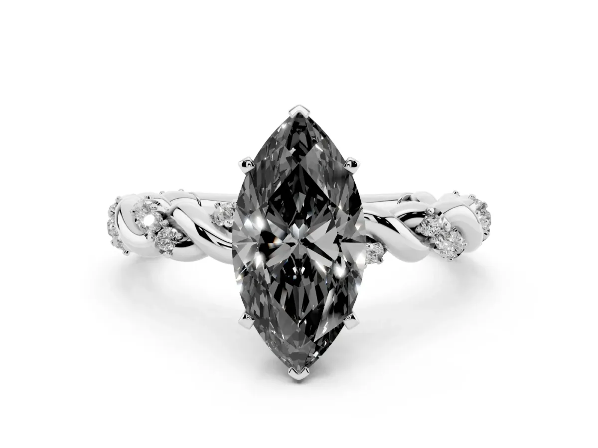Fancy Black Marquise Cut Diamond Solitaire Ring with Twisted Band and Pavé Accents Silver