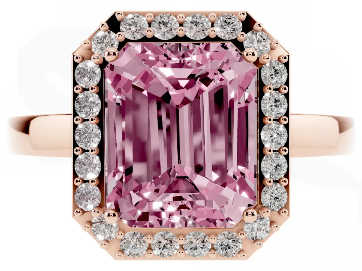 Fancy Pink Radiant Cut Halo Diamond Ring with Solitaire Band and Prong Setting Rose gold