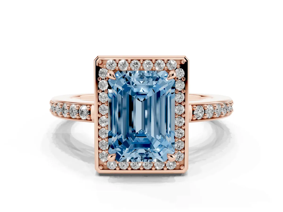 Fancy Blue Emerald Cut Halo Pave Band Solitaire Ring with Prong Setting Rose gold