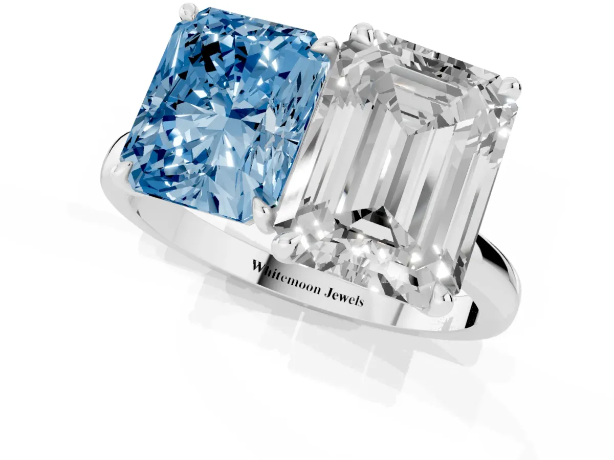 Fancy Blue Radiant Cut and Emerald Cut Toi Moi Ring with Prong Setting Silver