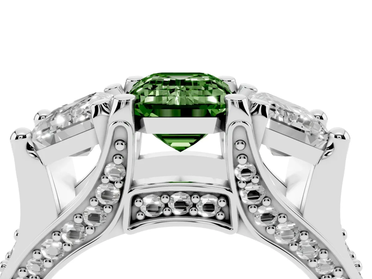 Fancy Green Emerald Cut Diamond Three-Stone Ring with Channel Set Band and Four-Prong Setting Platinum