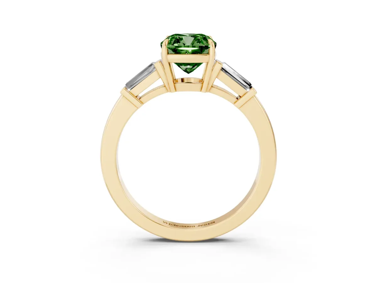 Fancy Green Cushion Cut Diamond Three-Stone Ring with Tapered Baguette Side Stones and Prong Setting Yellow gold