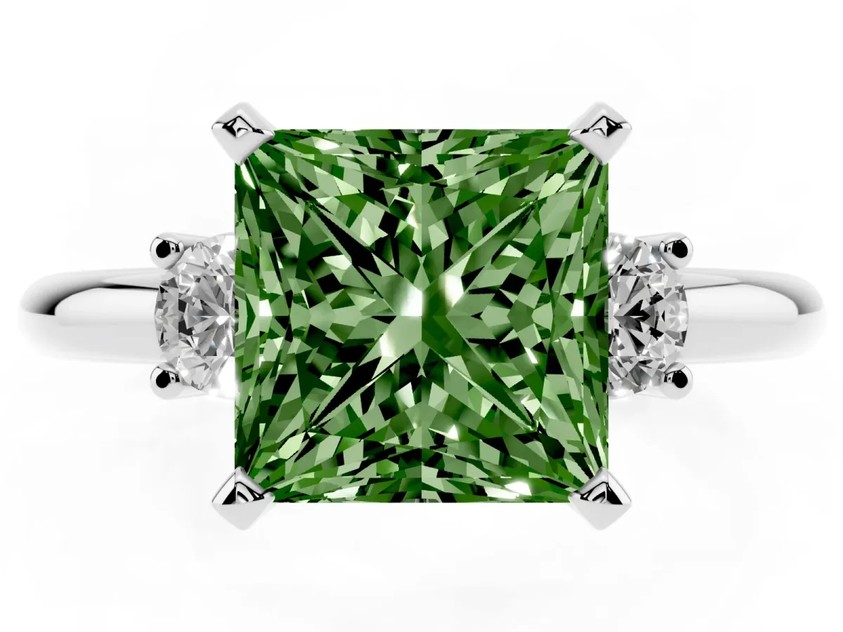 Fancy Green Three-Stone Princess Cut Cut Diamond Solitaire with Prong Setting and Classic Band Silver