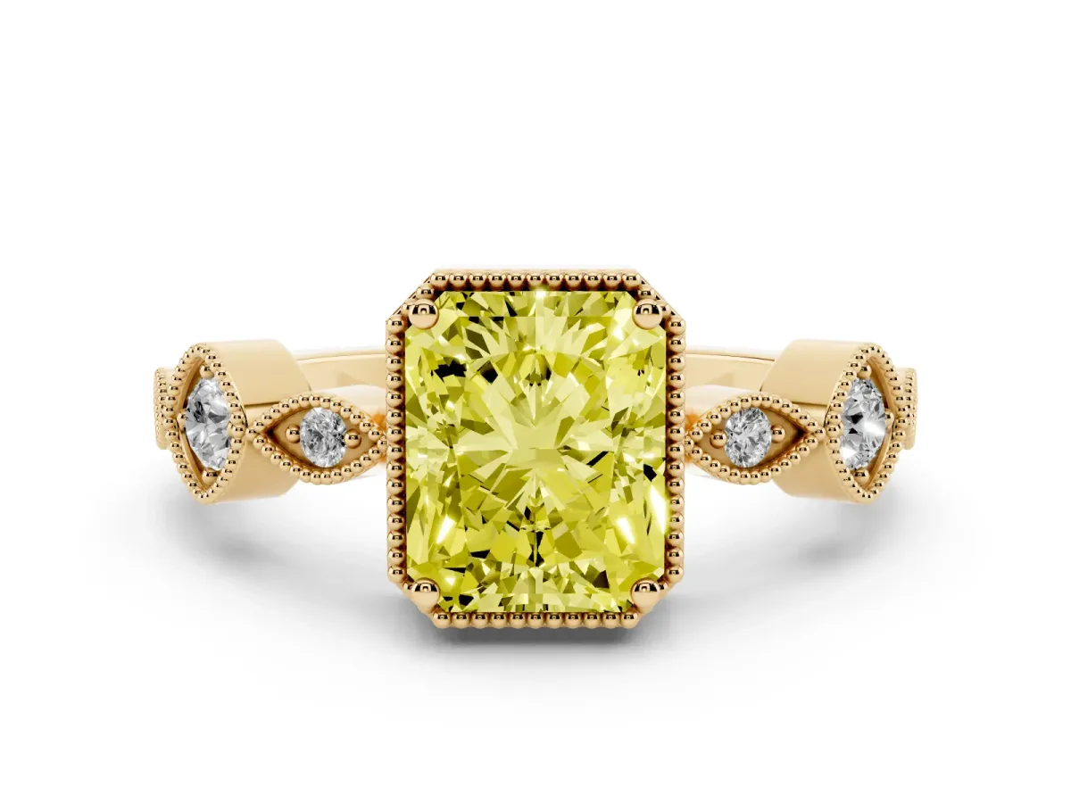 Fancy Yellow Radiant Cut Diamond Vintage Milgrain Ring with Round Stations Yellow gold