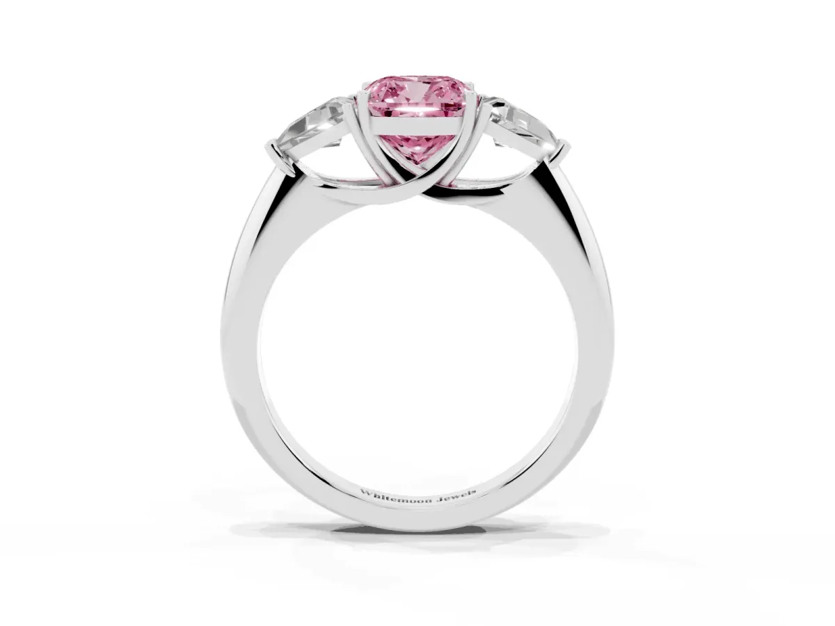 Fancy Pink Three-Stone Cushion Cut Diamond Engagement Ring with Trillion Side Stones and Prong Setting Silver