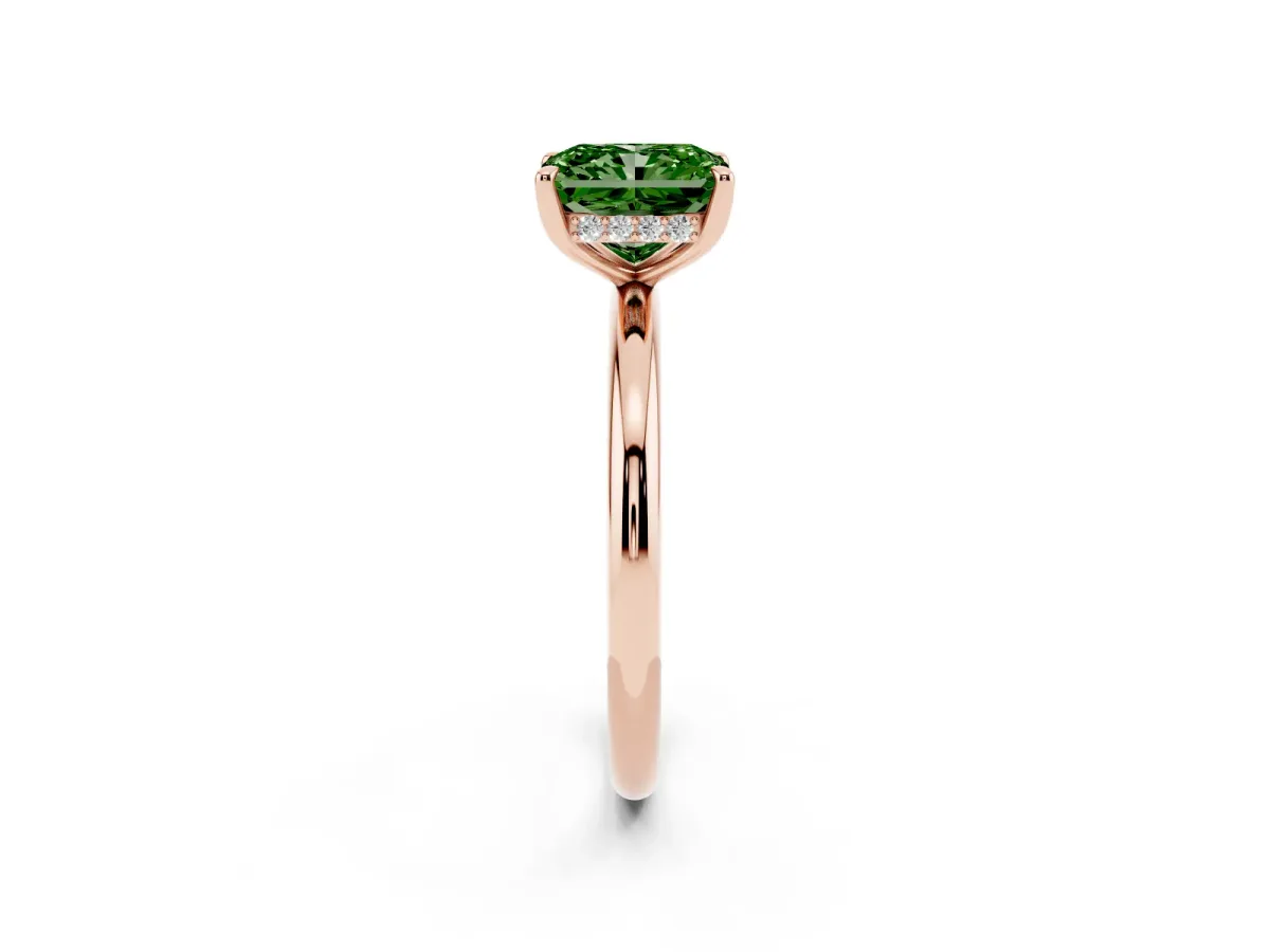 Fancy Green Radiant Cut Diamond Solitaire Ring with Thin Band and Four-Prong Setting Rose gold