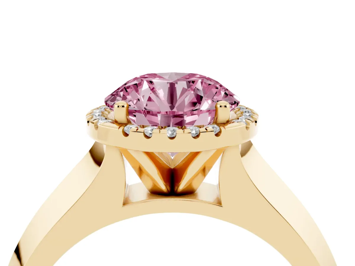 Fancy Pink Round Cut Halo Diamond Ring with Cathedral Band and Four-Prong Setting Yellow gold