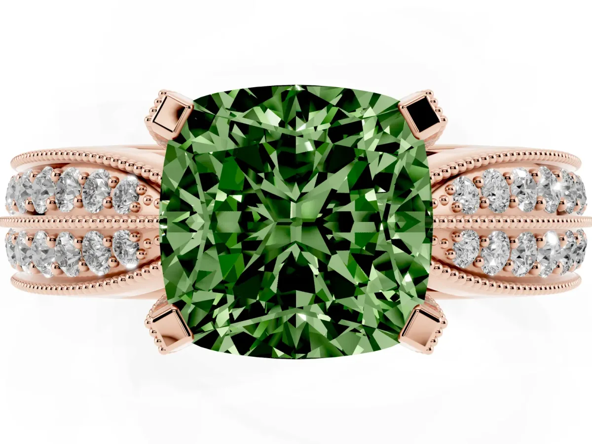 Fancy Green Cushion Cut Diamond Solitaire Ring with Milgrain Round Pavé Band and Prong Setting Rose gold