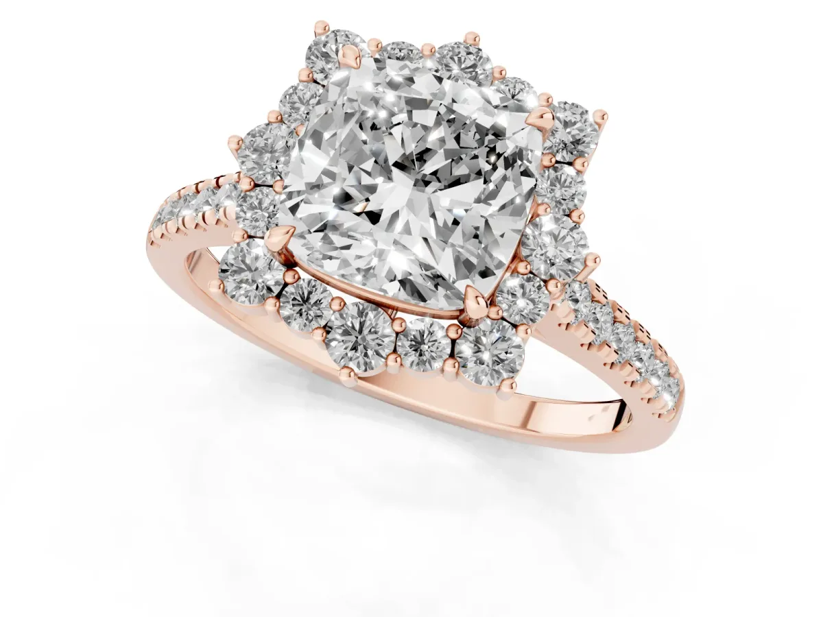 Cushion Cut Halo Diamond Ring with Pavé Band and Prong Setting Rose gold