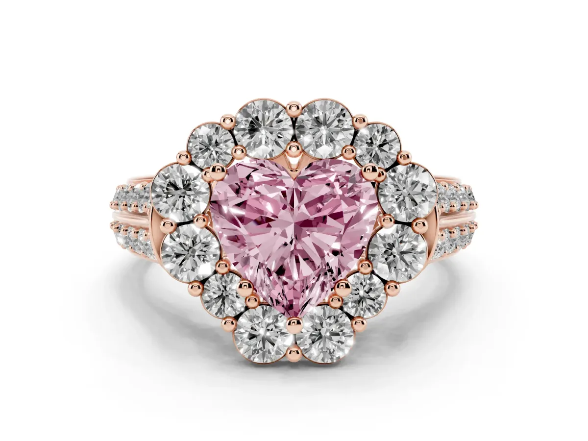 Fancy Pink Heart Cut Halo Diamond Engagement Ring with Split Shank and Prong Setting Rose gold