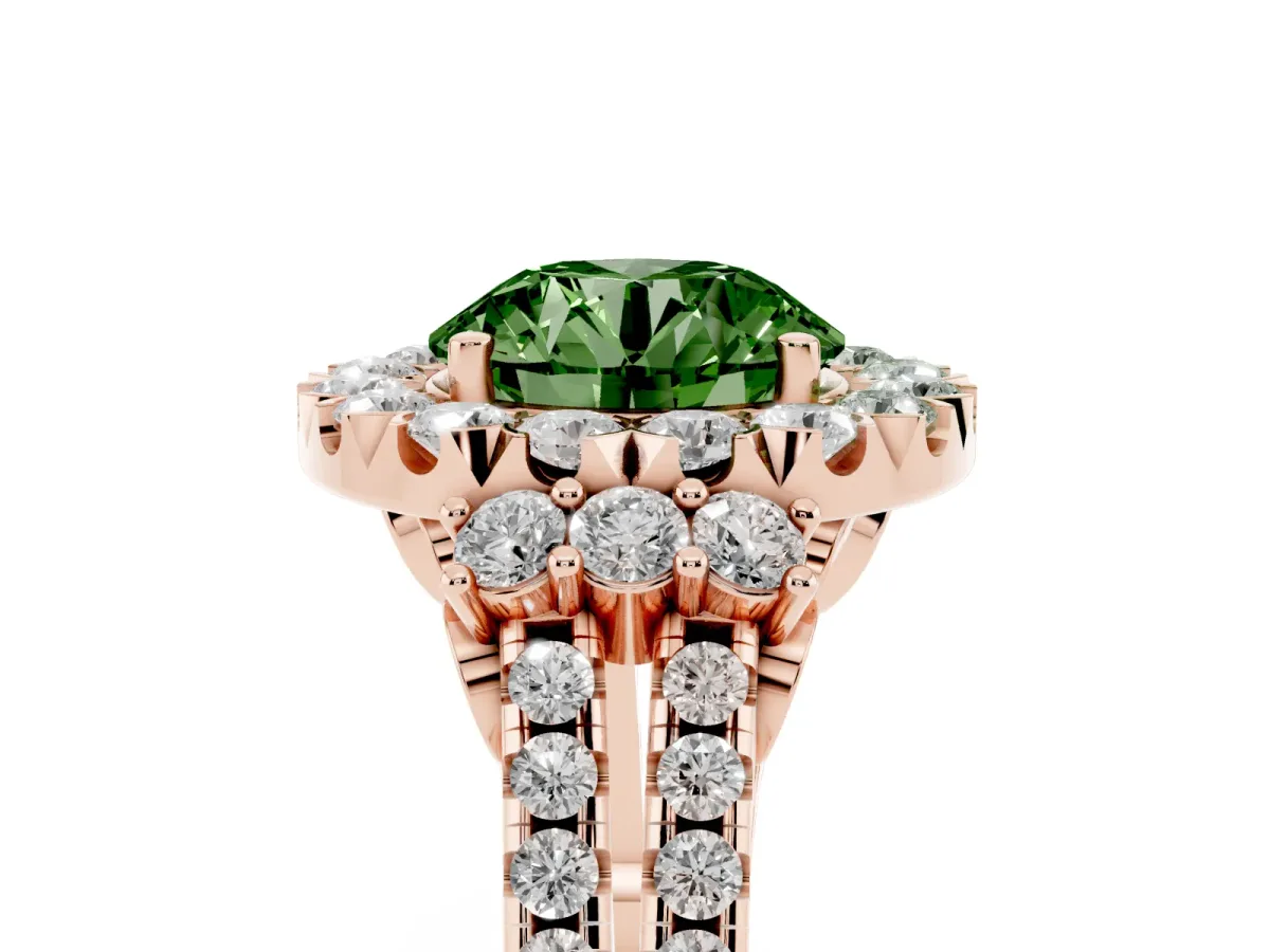 Fancy Green Round Cut Cut Double Halo Diamond Engagement Ring with Pave Band and Four-Prong Setting Rose gold