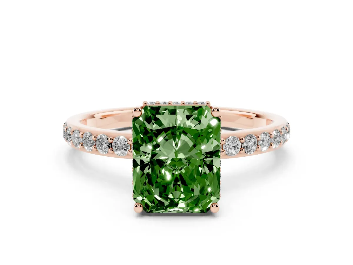 Fancy Green Radiant Cut Diamond Solitaire Ring with Pavé Band and Hidden Halo Rose gold