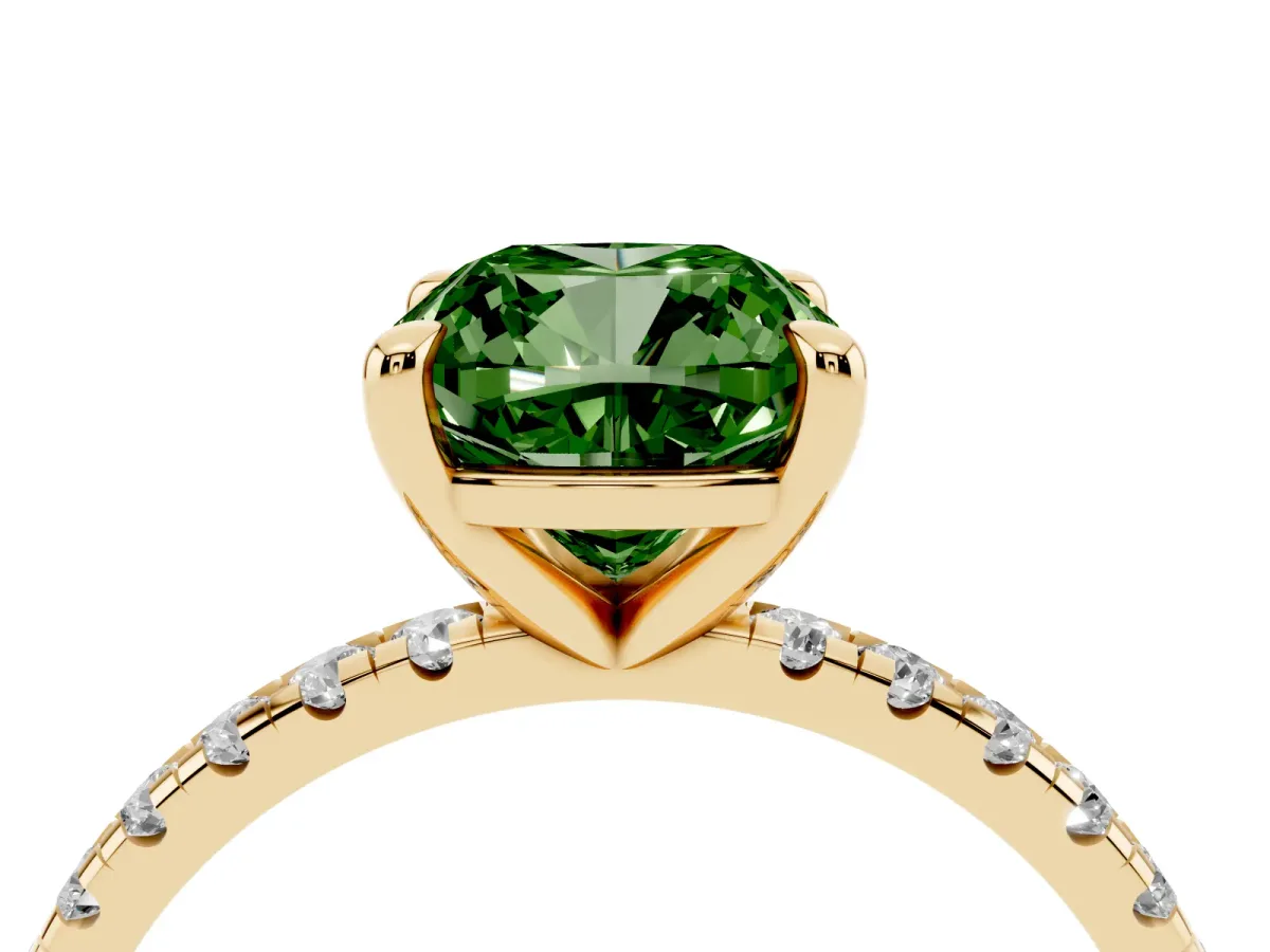 Fancy Green Cushion Cut Diamond Brilliant Solitaire Ring with Pavé Band and Four-Prong Setting Yellow gold