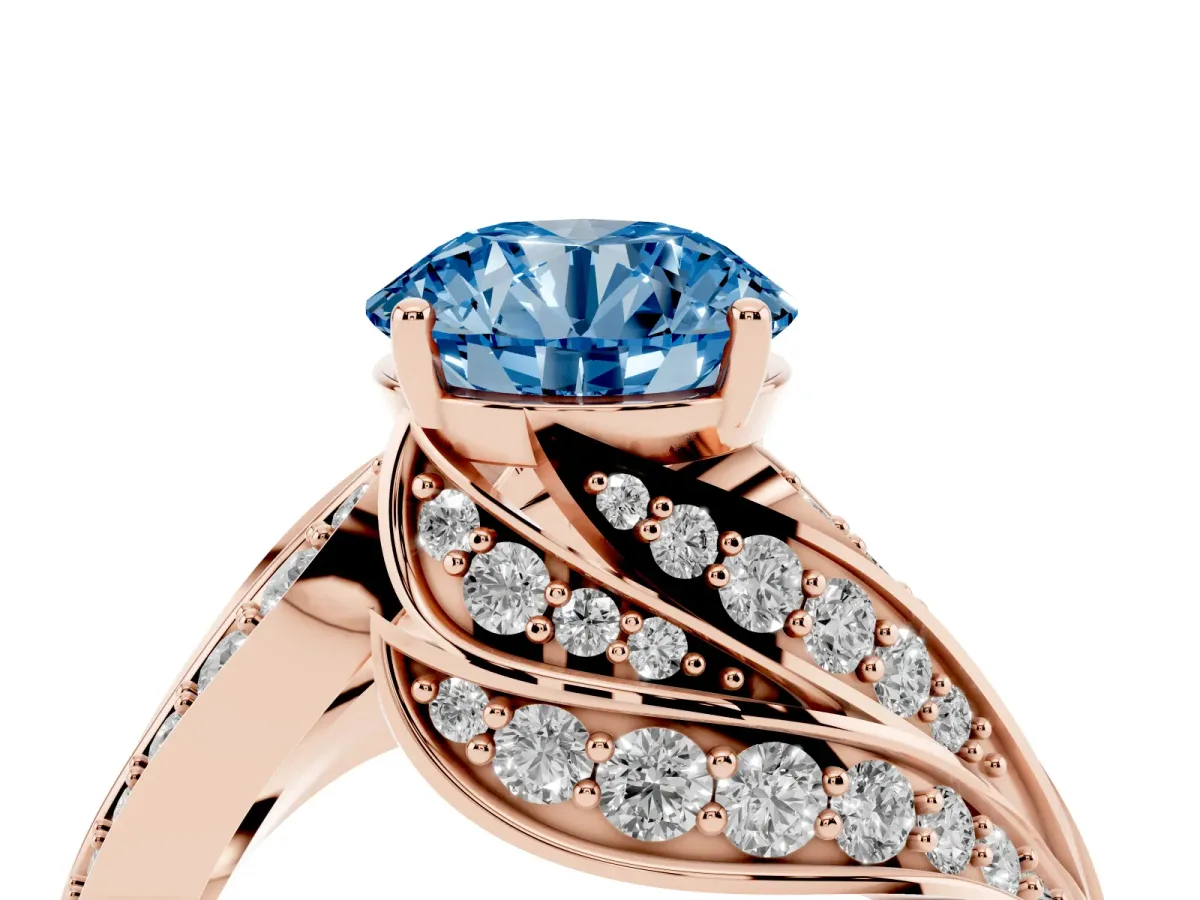 Fancy Blue Round Cut Diamond Solitaire Ring with Prong Setting and Twisted Pavé Band Rose gold