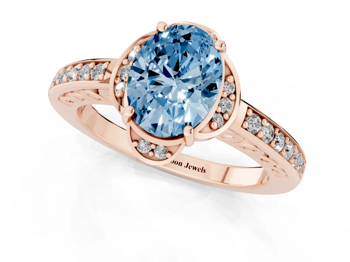 Fancy Blue Oval Cut Cut Halo Diamond Ring with Channel Set Band and Four-Prong Setting Rose gold