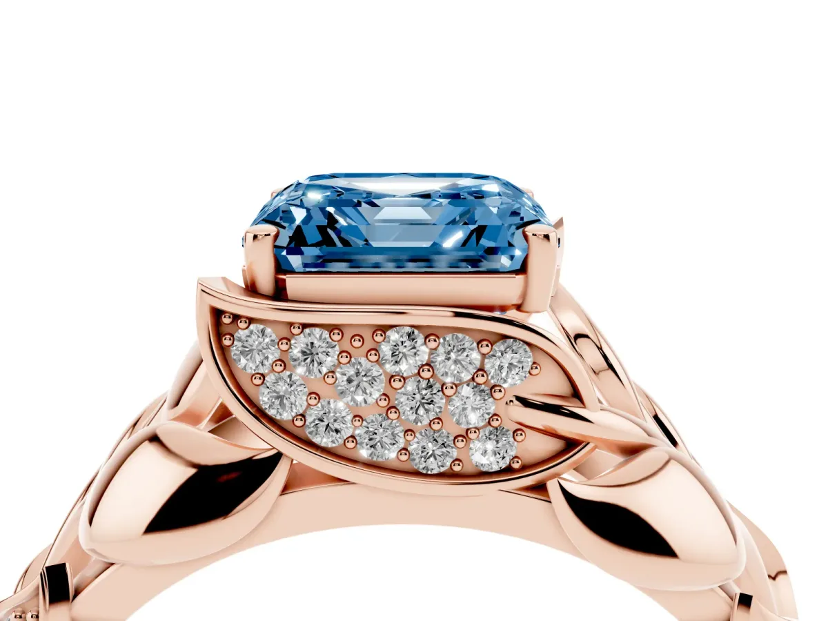 Fancy Blue Asscher Cut Diamond Leaf-Inspired Engagement Ring with Round Accents and Prong Setting Rose gold