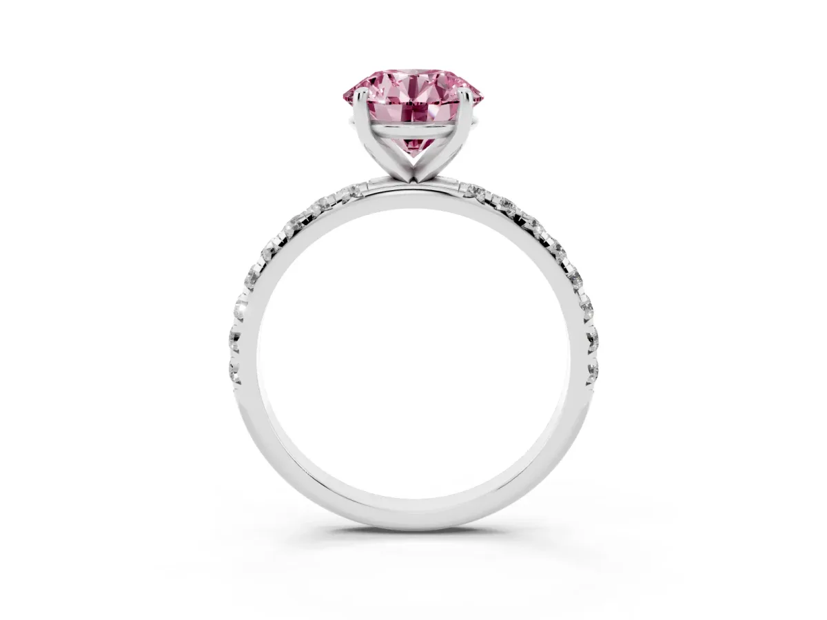 Fancy Pink Round Cut Cut Diamond Solitaire Ring with Micro Pave Band and Four Prong Setting Platinum
