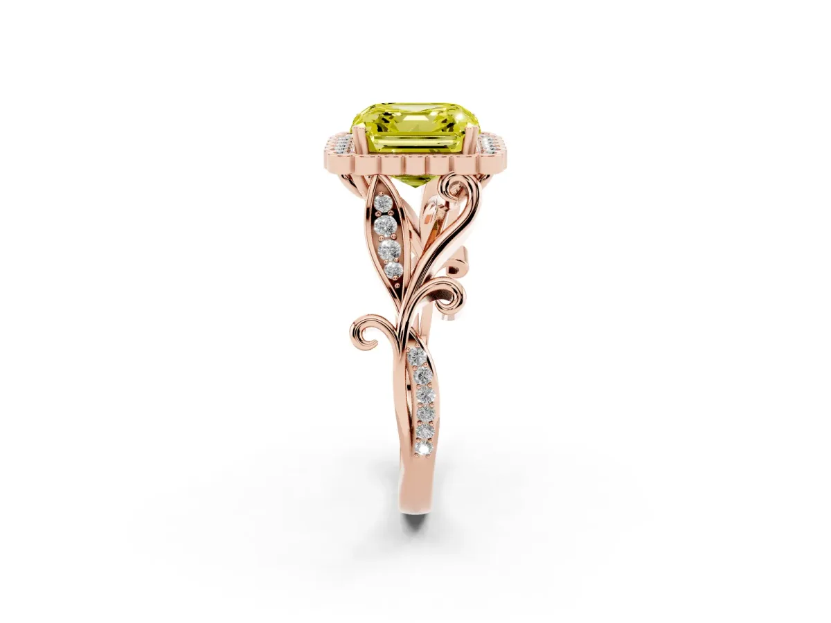 Fancy Yellow Asscher Cut Diamond Halo Ring with Vintage Split Shank and Four-Prong Setting Rose gold