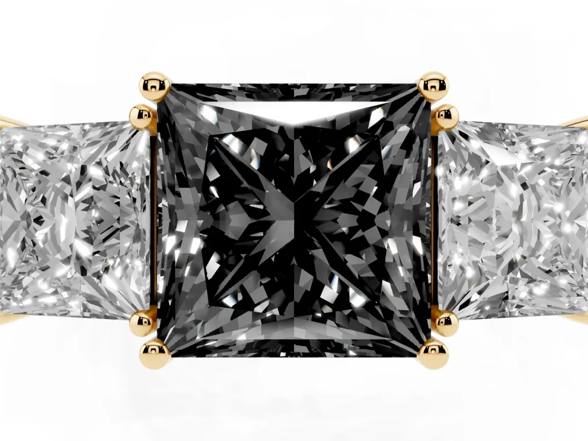Fancy Black Three-Stone Princess Cut Cut Diamond Engagement Ring with Flat Band and Four-Prong Setting Yellow gold