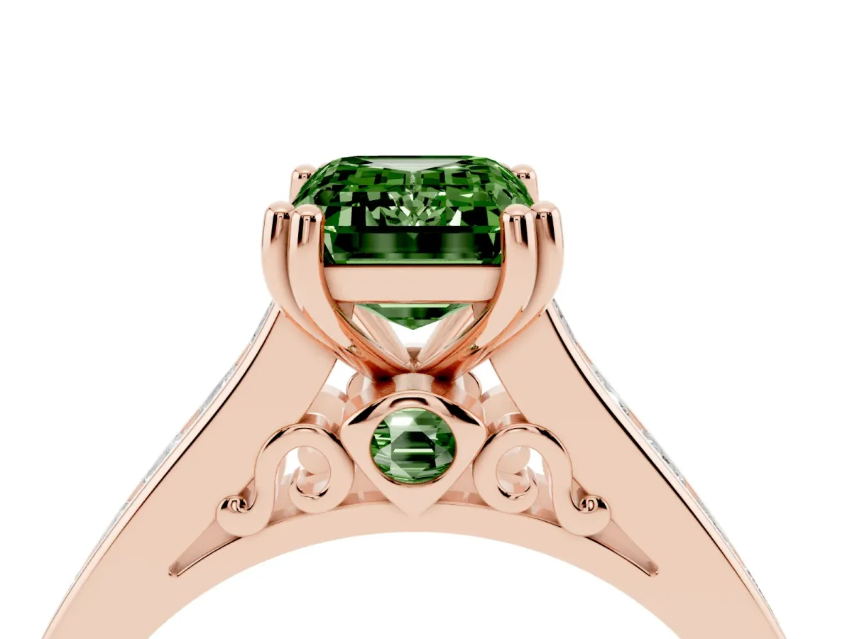 Fancy Green Emerald Cut Cut Channel Set Solitaire Engagement Ring with Prong Setting Rose gold