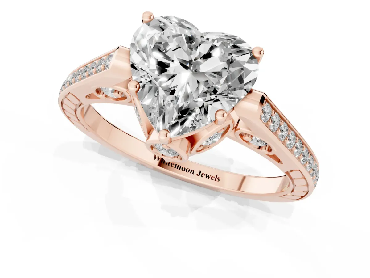 Heart Cut Cut Cathedral Pave Diamond Engagement Ring with Six-Prong Setting Rose gold