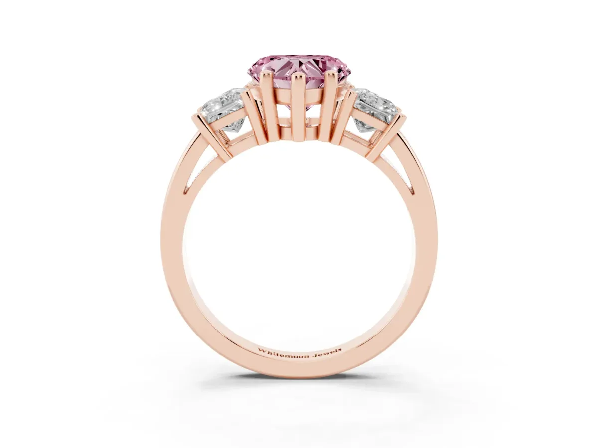 Fancy Pink Three-Stone Heart Cut Cut Solitaire Ring with Prong Setting Rose gold