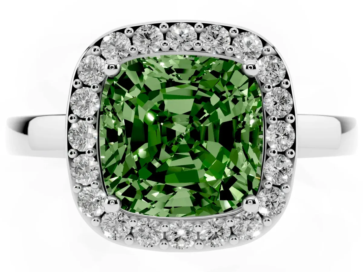 Fancy Green Cushion Cut Halo Diamond Ring with Solitaire Band and Prong Setting Platinum