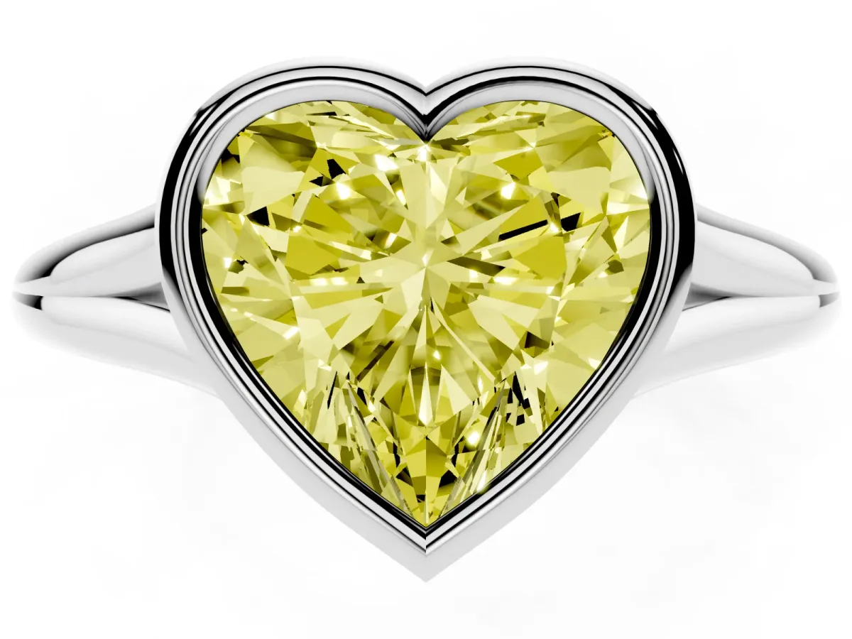 Fancy Yellow Bezel Set Heart Cut Cut Solitaire Ring with Tapered Band White gold