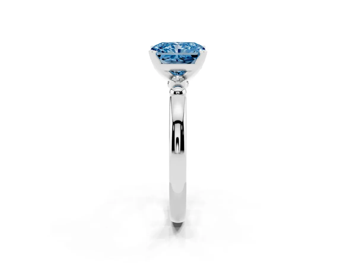 Fancy Blue Radiant Cut Solitaire Beaded Band with Four-Prong Setting White gold