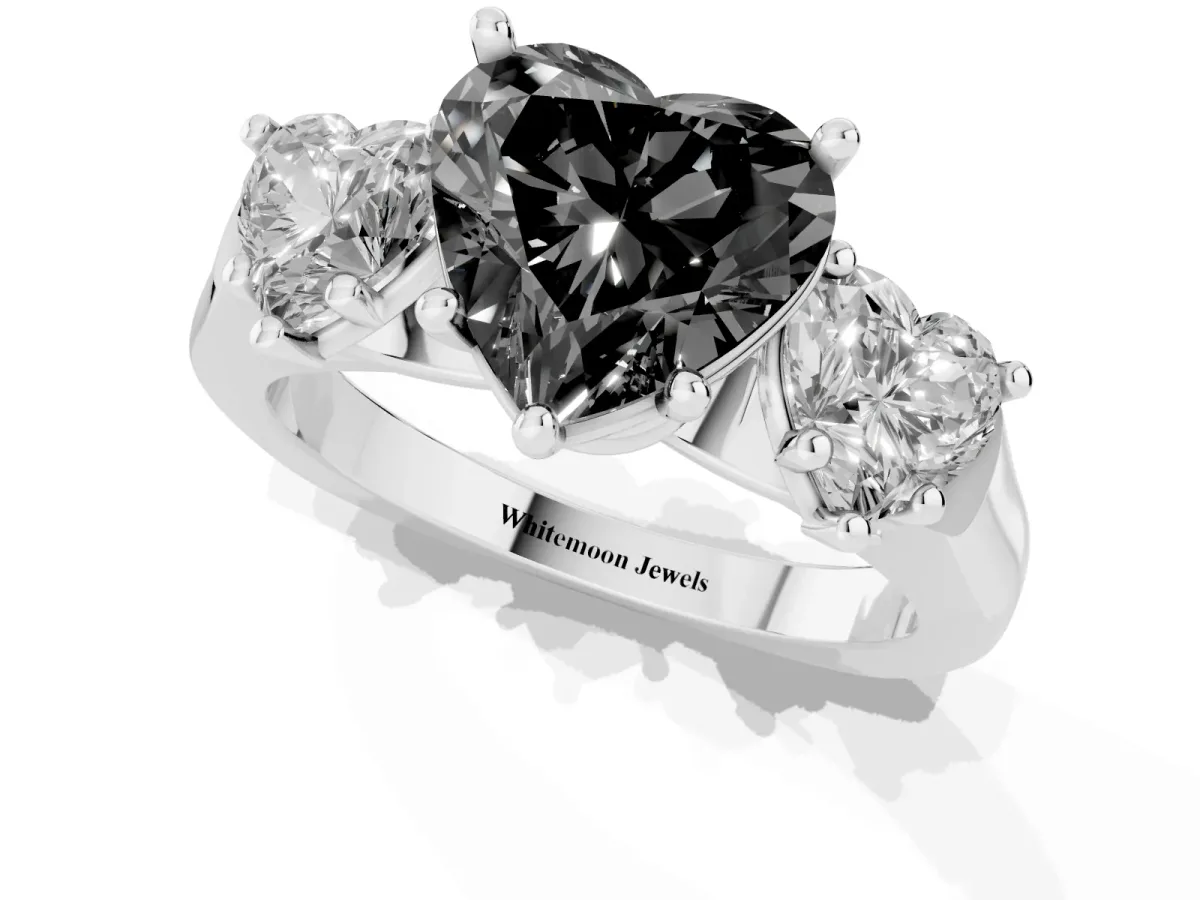 Fancy Black Three-Stone Heart Cut Brilliant Diamond Trellis Ring with Comfort Fit Band White gold