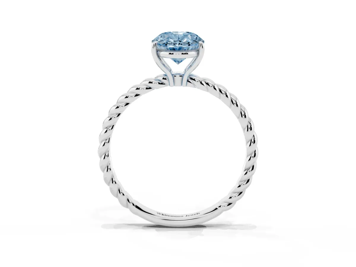 Fancy Blue Oval Cut Solitaire Twist Band Ring with Four-Prong Setting White gold
